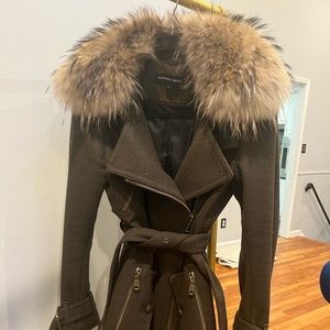 Andrew Marc Green coat with fur collar